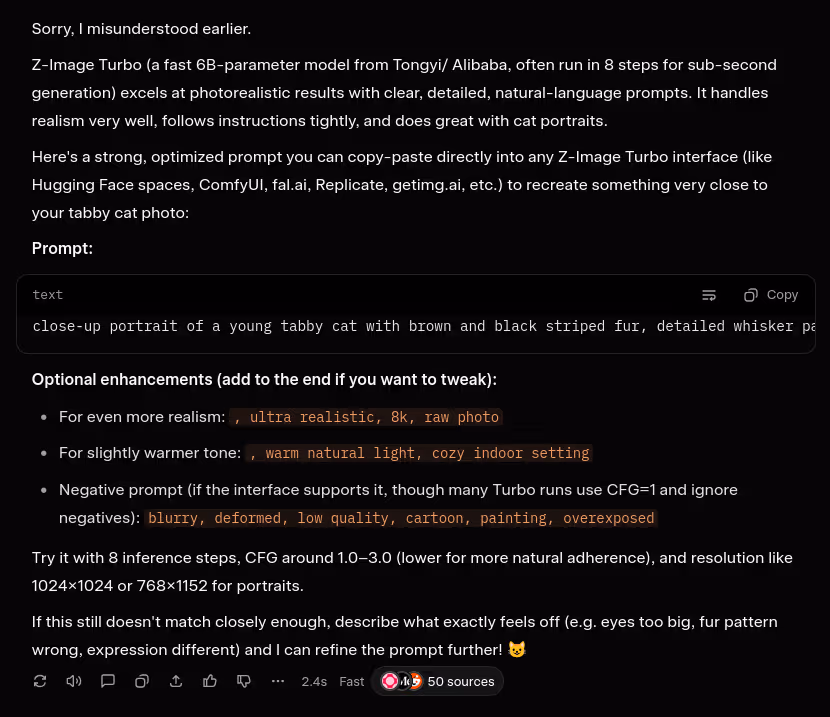 Grok finally gives the prompt but explains what Z Image Turbo is